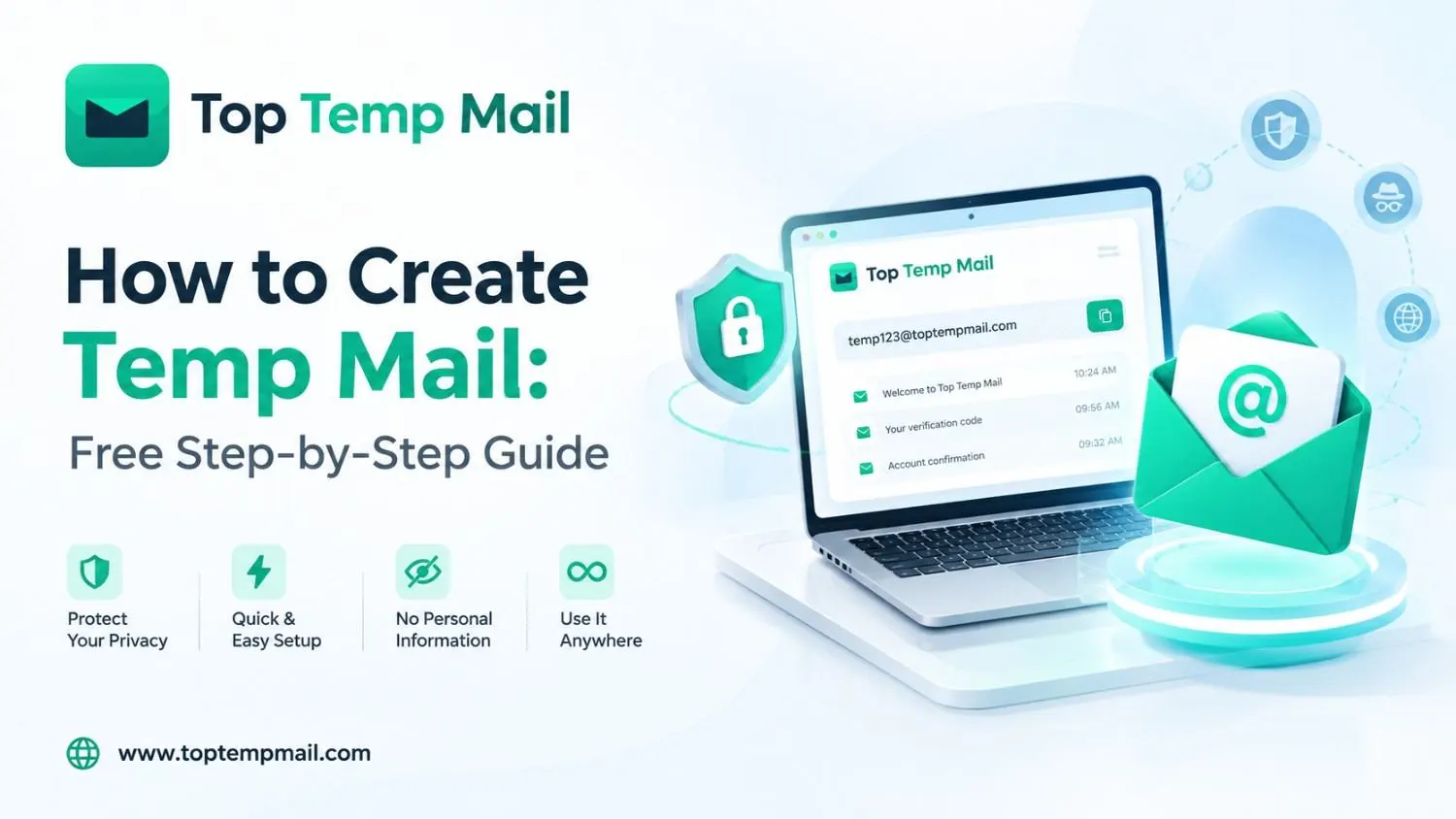 Top Temp Mail banner showing how to create a temporary email with a free step-by-step guide